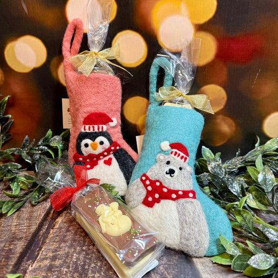 Felted stocking with mini chunky chocolate bars